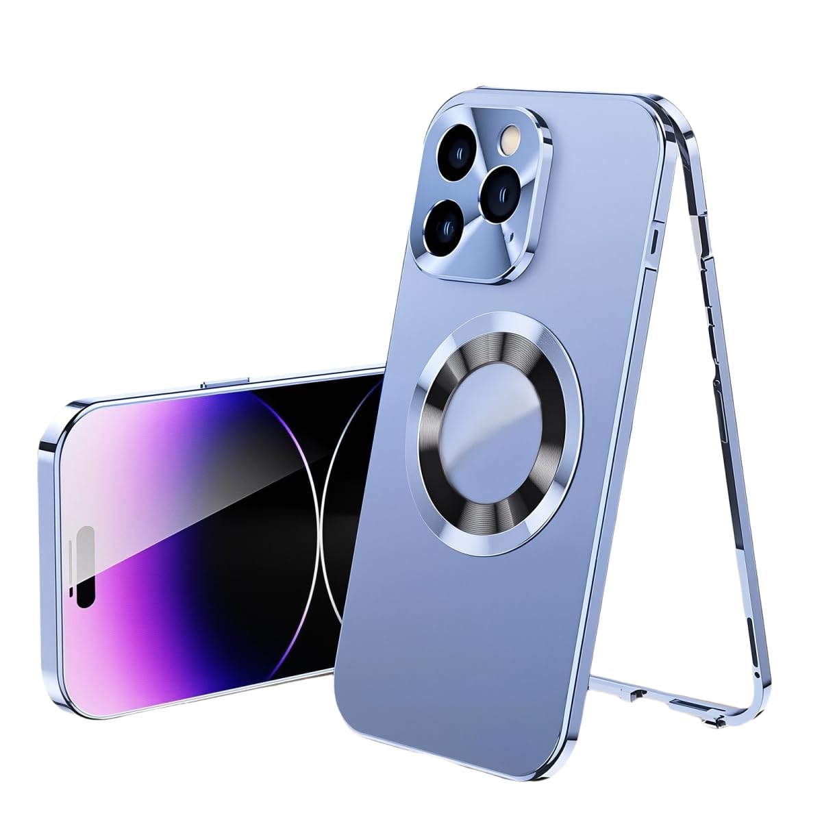 Doulings Magnetic Metal Edge Full Body Military Drop Protection for iPhone 16 Pro Case,Compatible with MagSafe,Rugged Built-in Privacy Screen Protector Logo View Shockproof Cover,Blue
