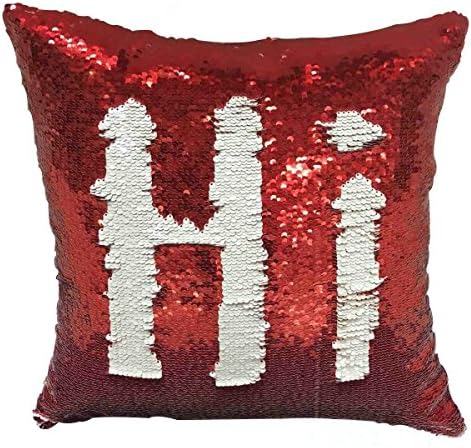 16"x16" Mermaid Pillow Case with Magic Mermaid Sequin, Reversible Cushion Covers Sequins Dorm Room Decor for Sofa Comfy (Red + White)