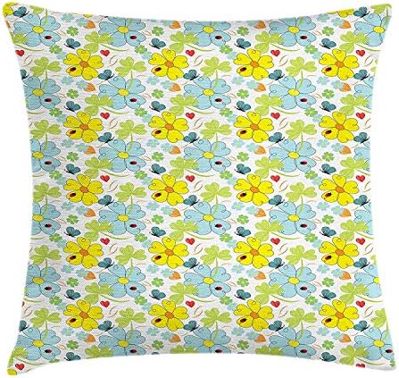 Yellow and Blue Throw Pillow Cushion Cover, Daisies and Shamrock Flowers with Hand Drawn Style Hearts and Ladybugs, Decorative Square Accent Pillow Case, 18 X 18 inches, Multicolor
