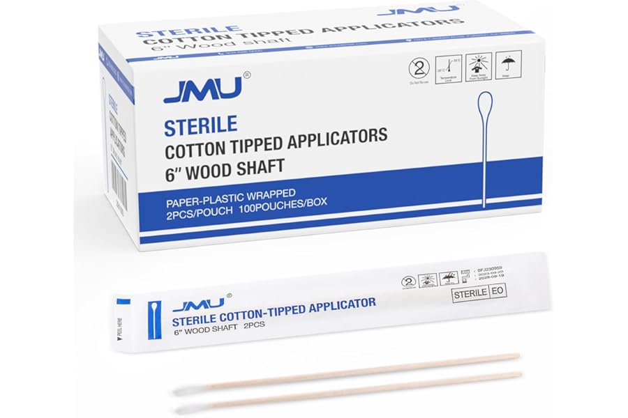 JMU 6 Inch Sterile Cotton Tipped Applicators, 200 Count Long Cotton Swabs, Wood Shaft Medical Swabs