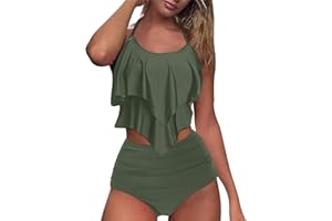 Aniywn Plus Size Swimsuit for Women Women's High Waisted Bikini Scoop Neck Ruffle Hem Swimsuit Two Pieces Bathing Suit