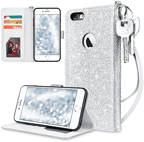 iPhone 6 Plus Wallet Case, iPhone 6S Plus Case, UARMOR Luxury Glitter Shiny PU Leather Magnetic Credit Card Slot Cash Holder Shockproof Cover for Apple iPhone 6 Plus / iPhone 6S Plus 5.5", Silver