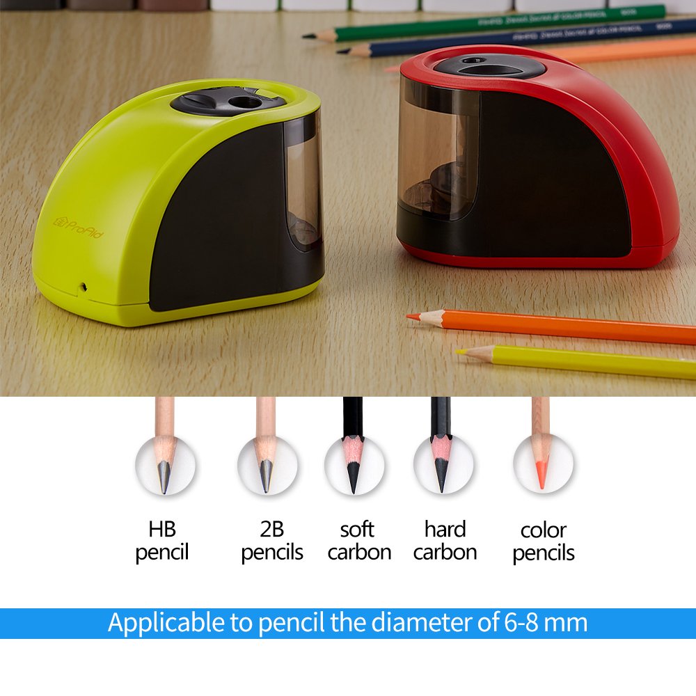 ProAid Portable Electric Pencil Sharpener - Powered by Batteries or Adapter - Perfect For Office, Kids, Artists, Red