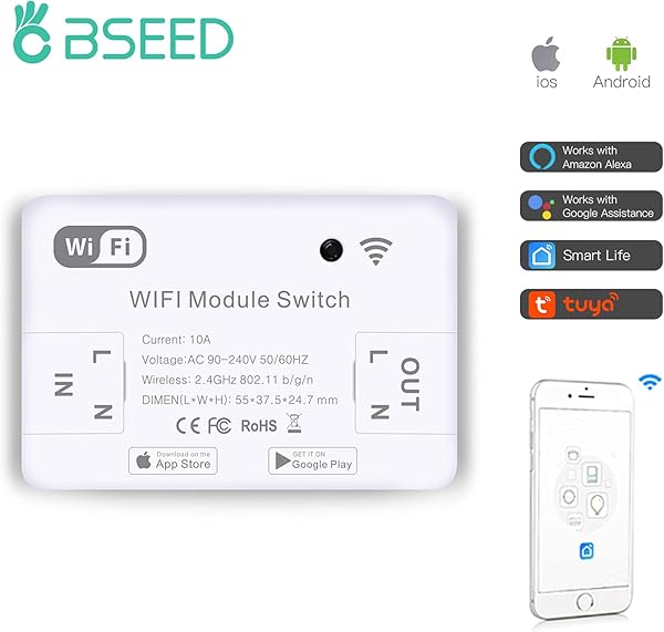 BSEED Smart WiFi Light Switch Mdulo de interruptor de rel inalmbrico Control remot Compatible con Alexa Echo Google Home No se requiere Hub1 paquete
