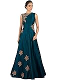 Destiny Mart Women's Latest Satin Semi-Stitched Embroidered Western Gown (Turquoise)