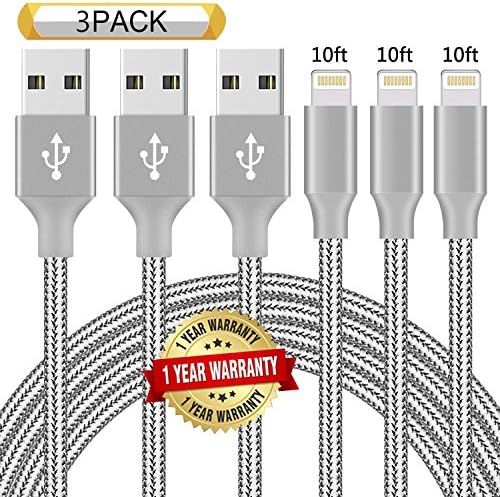 Ulimag Lightning Cable 3Pack 10FT Nylon Braided Certified iPhone Cable USB Cord Charging Charger for iPhone X, 8, 8 Plus, 7, 7 Plus, 6s, 6s Plus, 6, 6 Plus, SE, iPad (Grey)