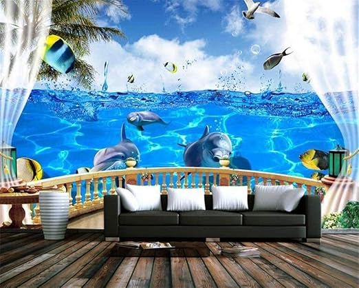 Amazon Djskhf 3d壁紙カスタム壁紙シルク生地3dバルコニー海の景色海イルカ魚背景壁壁画壁紙壁3 D 400x280cm 壁紙