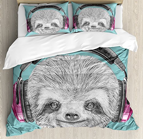 Ambesonne Sloth Duvet Cover Set Queen Size, DJ Sloth Portrait with Headphones Funny Modern Character Cool Cute Smiling, Decorative 3 Piece Bedding Set with 2 Pillow Shams, Teal Grey Fuchsia