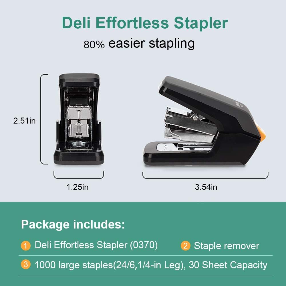 Deli Effortless Desktop Stapler, 40-50 Sheet Capacity, One Finger Touch Stapling, Easy to Load Ergonomic Heavy Duty Stapler, Includes 1500 Staples and Staple Remover : Office Products