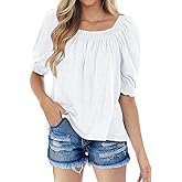Sovelen Womens Casual Square Neck Puff Half Sleeve Tops Pleated Loose Basic Summer T Shirts Blouses