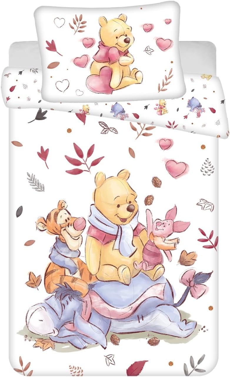 Disney Winnie the Pooh Children's Bedding Set Tigger Piglet Ih-Oh Leaves Hearts Duvet 100 x 135 cm + Pillow 40 x 60 cm, 100% Cotton