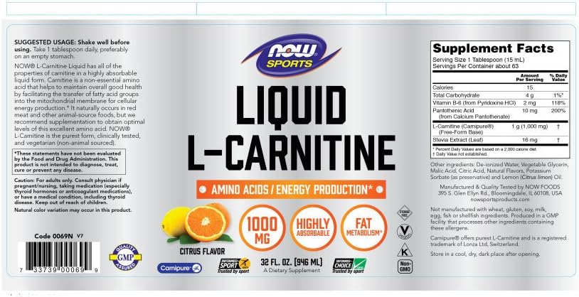 NOW Sports Nutrition, L-Carnitine Liquid 1000 mg, Highly Absorbable, Citrus, 32-Ounce: Health & Personal Care