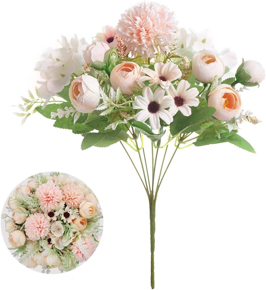 Greentime Artificial Pink Flowers 4 Pack Fake Hydrangea Rose Bouquet Decor Plastic Daisy Realistic Flower Arrangements for Home Wedding Party Office Table Decoration