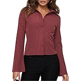 ECHOINE Women Button Down Shirts Long Sleeves Slim Fitted Casual Collared Blouses Work Striped Tops