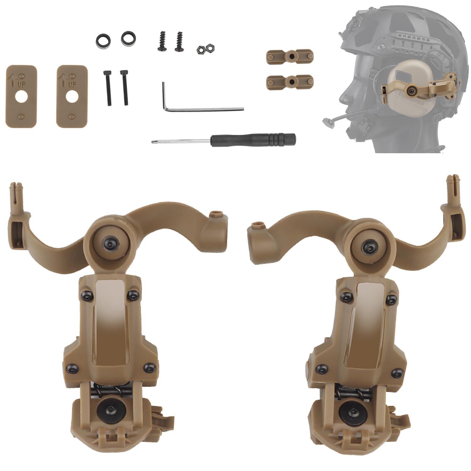 Gunyoo Tactical Helmet Arc Rail Adapter Tactical Pickup Headset, Multi-Angle Rotation, Noise Cancellation, Spring-Loaded Headset Holder, For Ops Core Arc Team Wendy M-Lok (Tan)