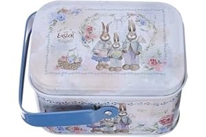Easter Decorative Tin Box with Handle, Bunny Family Design, Square Cookie Gift Box