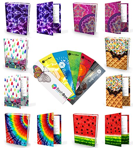 BashBox Book Sox Stretchable Jumbo Fabric Girls Book Covers Includes Spirograph, Sprinkles, Lightning, Tye Dye, Watermelon &amp; Raindrops Designs with Matching 2 Pocket Folders &amp; 6 Exclusive Bookmarks