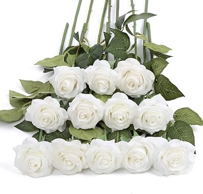 IPOPU 12 weiße Rosen, künstliche Blumen, fühlt Sich echt an, künstliche Seide, Rosen, Blumengesteck, Blumenstrauß für Valentinstag, Zuhause, Hochzeit, Party, Garten, Brautschmuck, DIY (weiß)