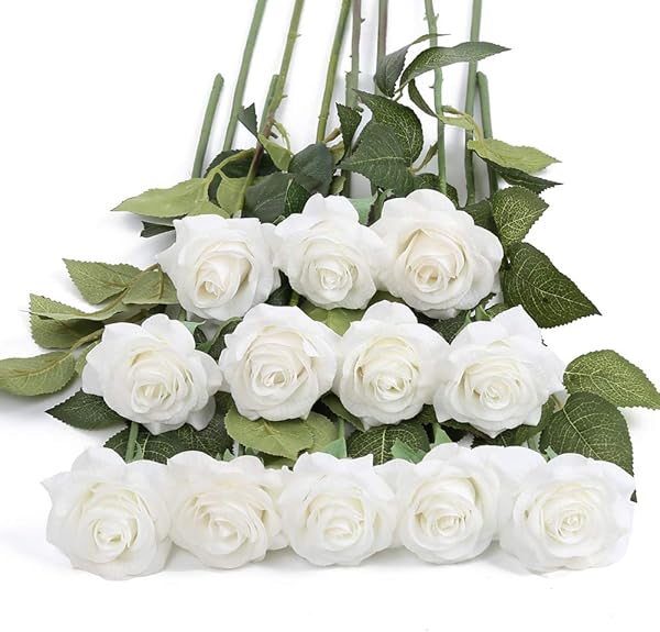 IPOPU 12 weiße Rosen, künstliche Blumen, fühlt Sich echt an, künstliche Seide, Rosen, Blumengesteck, Blumenstrauß für Valentinstag, Zuhause, Hochzeit, Party, Garten, Brautschmuck, DIY (weiß)