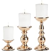 Hacaroa Set of 3 Gold Pillar Candle Holders, Metal Candlestick Holder Decorative Candle Stands for Table, Fireplace, Dining Room, Party, Wedding Centerpieces, 3 Sizes