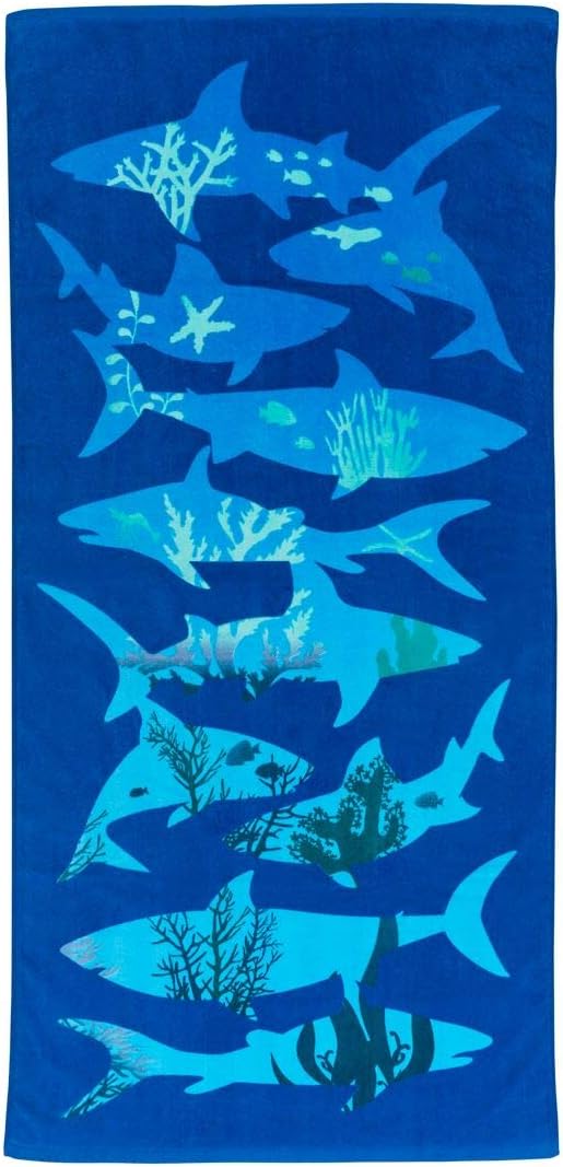 3C4G Sea The Sharks Terry Cotton Velour Beach Towel, Blue