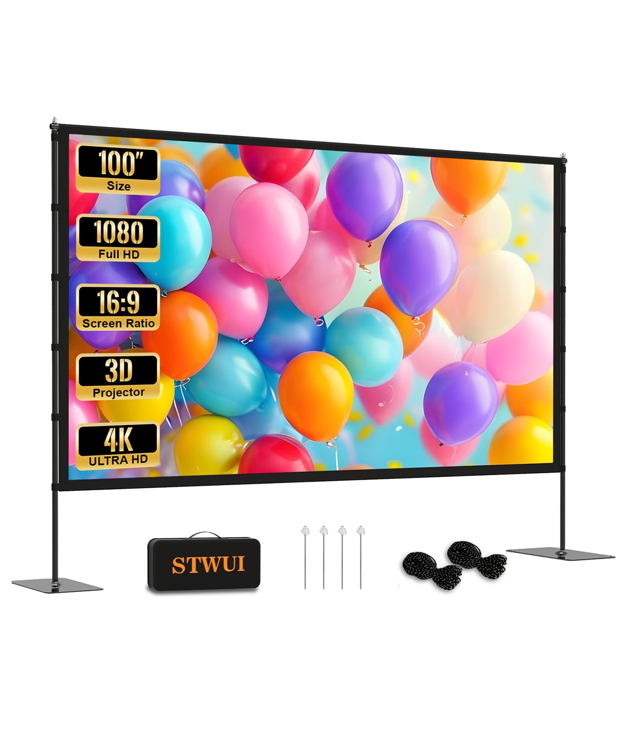 Photo 1 of STWUI Projector Screen with Stand - 100 Inch Outdoor Projector Screen Portable Projector Screens 16:9 4K HD Outdoor Movie Screen with Carry Bag Can Enioy Home Theater Projection Screen