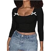 SOLY HUX Women's Plus Size T Shirt Bow Front Square Neck Long Sleeve Ruched Tee Going Out Y2k Crop Tops