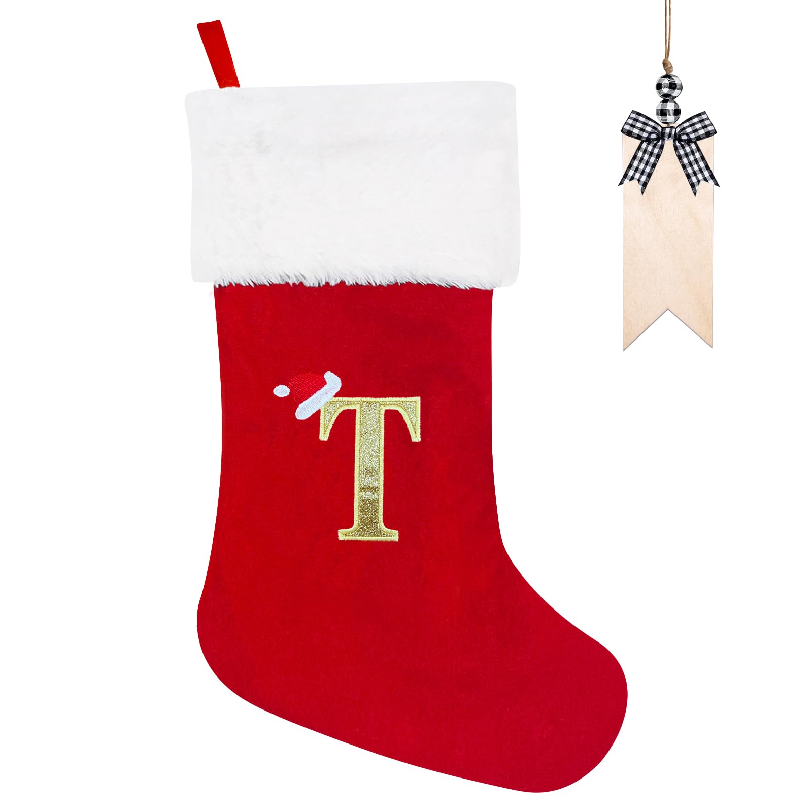 Christmas Stockings 50cm Personalised Christmas Stocking with Letter Large Monogram Red Xmas Stockings with Name Tag Plush Hanging Stockings Gifts Sock for Xmas Decor Tree Holiday Ornament (T)