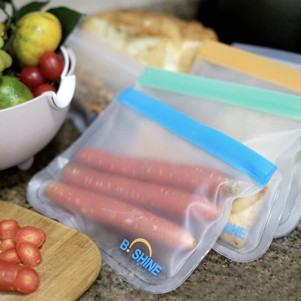 B.SHINE Reusable Storage Bags - 9 Pack Ziplock Sandwich Bag, Snack Bag, Lunch Bag with Matching Sealing Clip, Leakproof (9 Pack - 6 Sandwich Bags + 3 Snack Bags - Clear)
