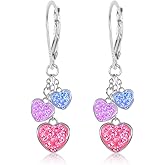 Kids Hoop Earrings, Heart Earrings for Girls, Hypoallergenic Jewelry with 925 Silver Leverbacks in White or Yellow Gold Tone, Earrings with 3 Mini Hearts & Crystals, Small Earring with Hoops for Kids