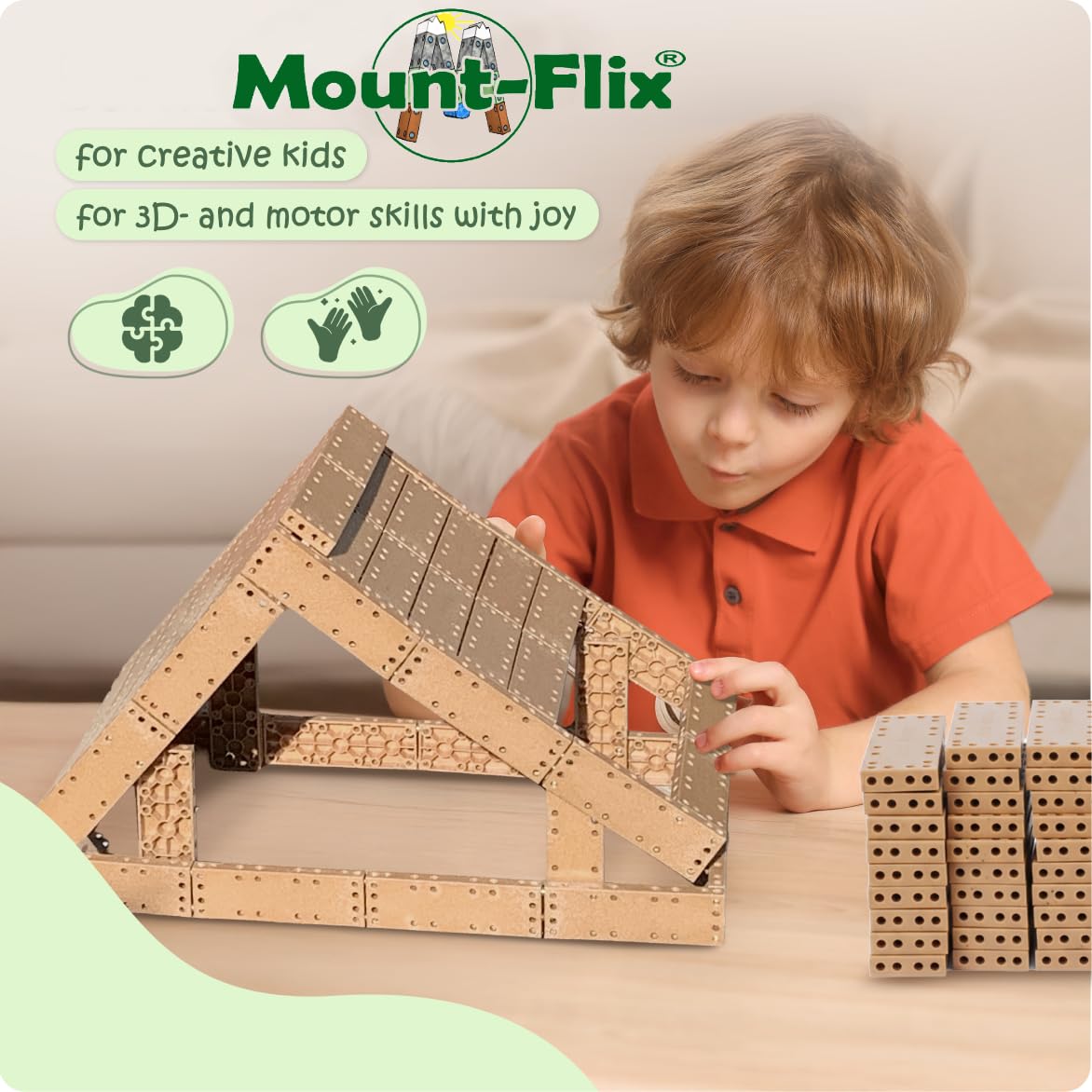 Mount-Flix Konstruktionsspielzeug 160 Flexible Bausteine ab 5 Jahre, Baukasten Lernspielzeug für Jungen Mädchen, Steckspiel inkl. Zange, Made in Germany, nachhaltiges Kreativspielzeug 3