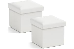 Ornavo Home Small Storage Ottoman, Set of 2 Foldable Collapsible Cube Square Linen Ottoman Foot Rest Stool Seat, for Living Room, Bedroom, Home Office, Dorm - 12 x 12 x 12, White