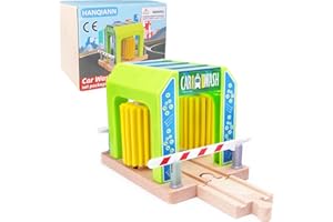 HANQIANN Wooden Car Wash Station with Train Truck,Expansion Pack Compatible with Railway Train Set,Wooden Toy Train Accessory for Kids Age 3 and Up