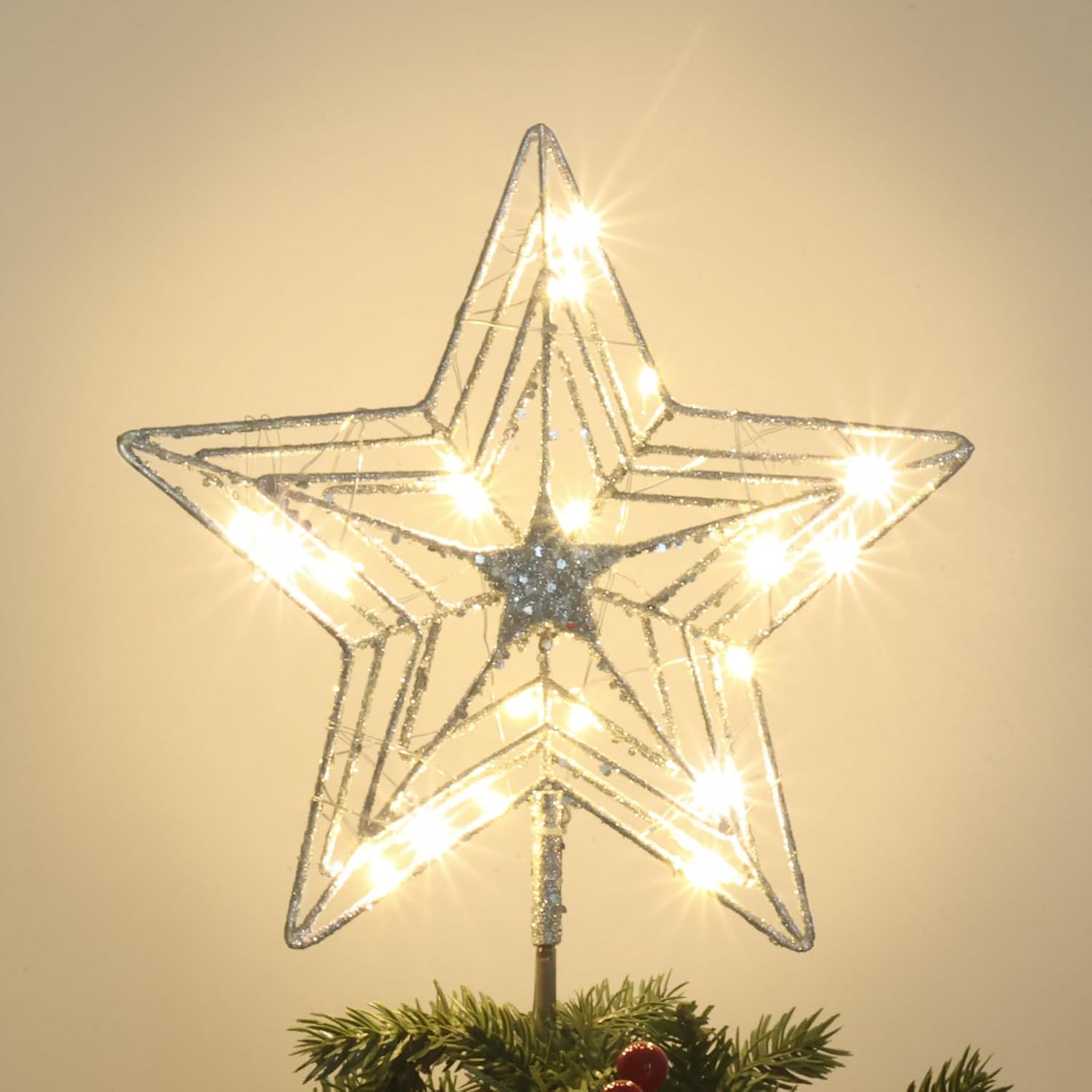 Tree Toppers - Christmas Tree Topper, hogardeck Sliver Star Tree Topper for Christmas Decor, 20 LED Timer Glittered Tree Toppers for Christmas Tree Decorations for Indoor Home
