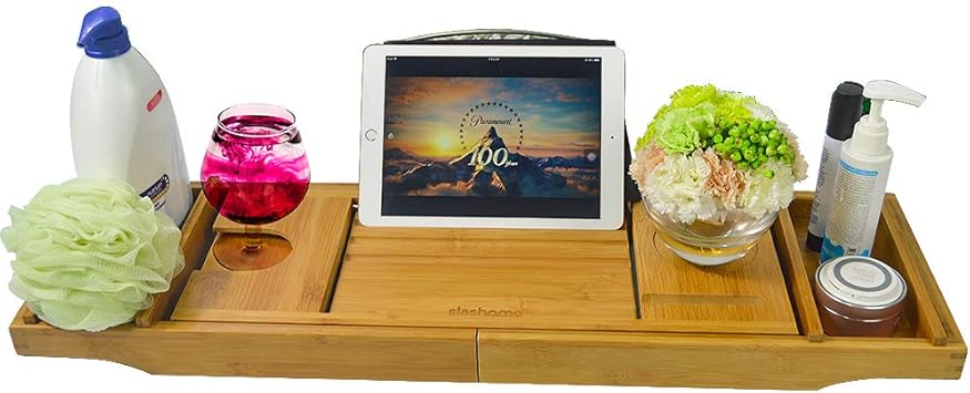 Bamboo Bathtub Caddy Tray with Wine and Book Holder Bamboo One or Two Person Bath Tray Luxury Spa Organizer with Folding Sides Adjustment Breakfast Serving Tray