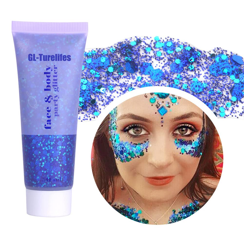 GL-Turelifes Chunky Glitter Gel Glitter Body Gel Festival Glitter Cosmetic Face Hair Nails Makeup Mermaid Sequins Liquid Eyeshadow Long Lasting Sparkling 50ml Easy to Apply, Easy to Remove (#01 Blue) — image 1