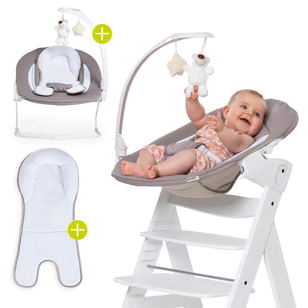 Hauck Alpha &amp; Beta Hochstuhl Newborn Aufsatz - Bouncer 2in1 Deluxe - ab Geburt (für Neugeborene), Rückenlehne verstellbar und als Babywippe nutzbar - Sand