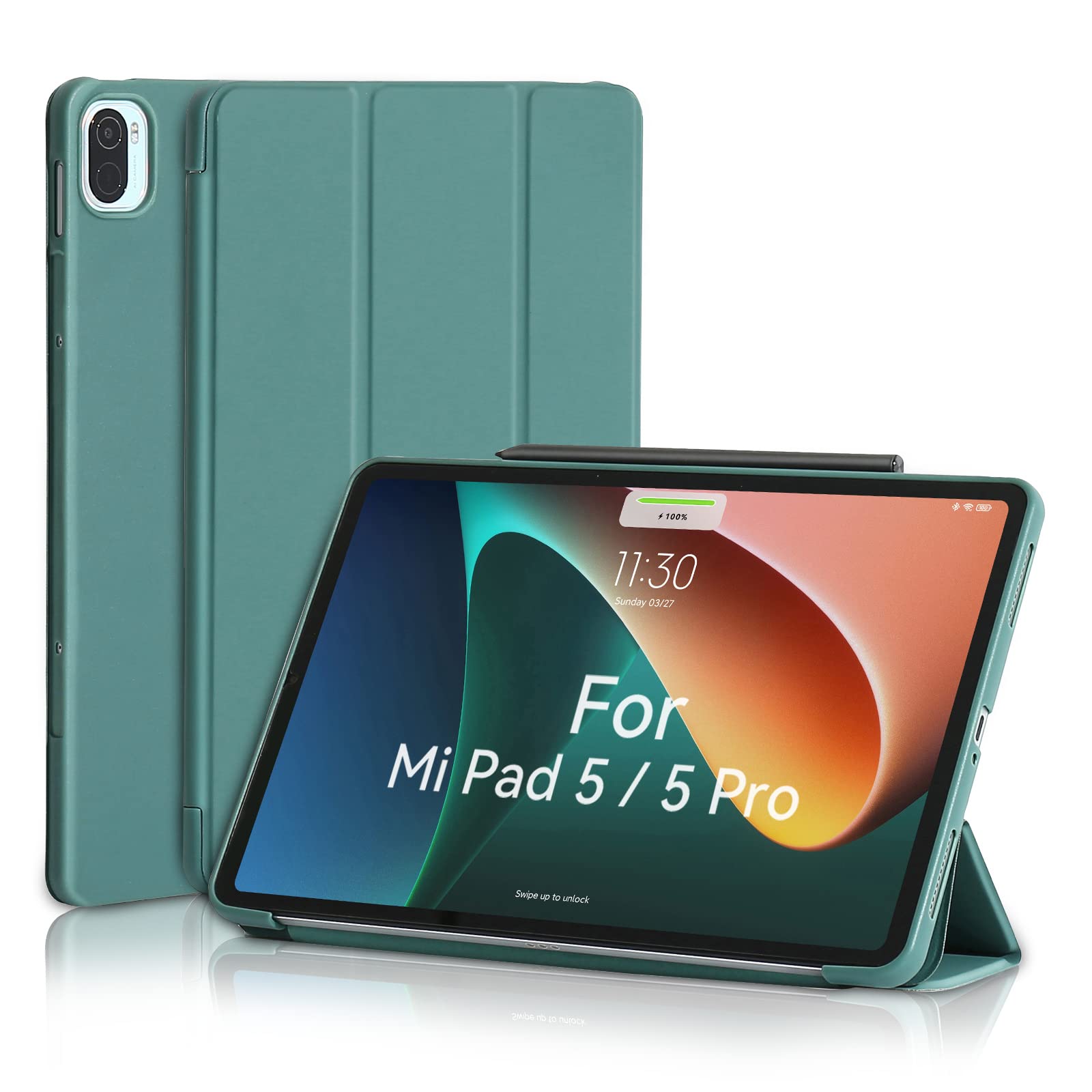 MuyDoux Case for Xiaomi Mi Pad 5/5 Pro 11 inch 2021, Smooth Front Lid & Soft Back Cover, Auto Wake/Sleep, Tri-Fold Slim Lightweight Cover for Xiaomi Mi Pad 5 / Mi Pad 5 Pro 5G, Pine Green