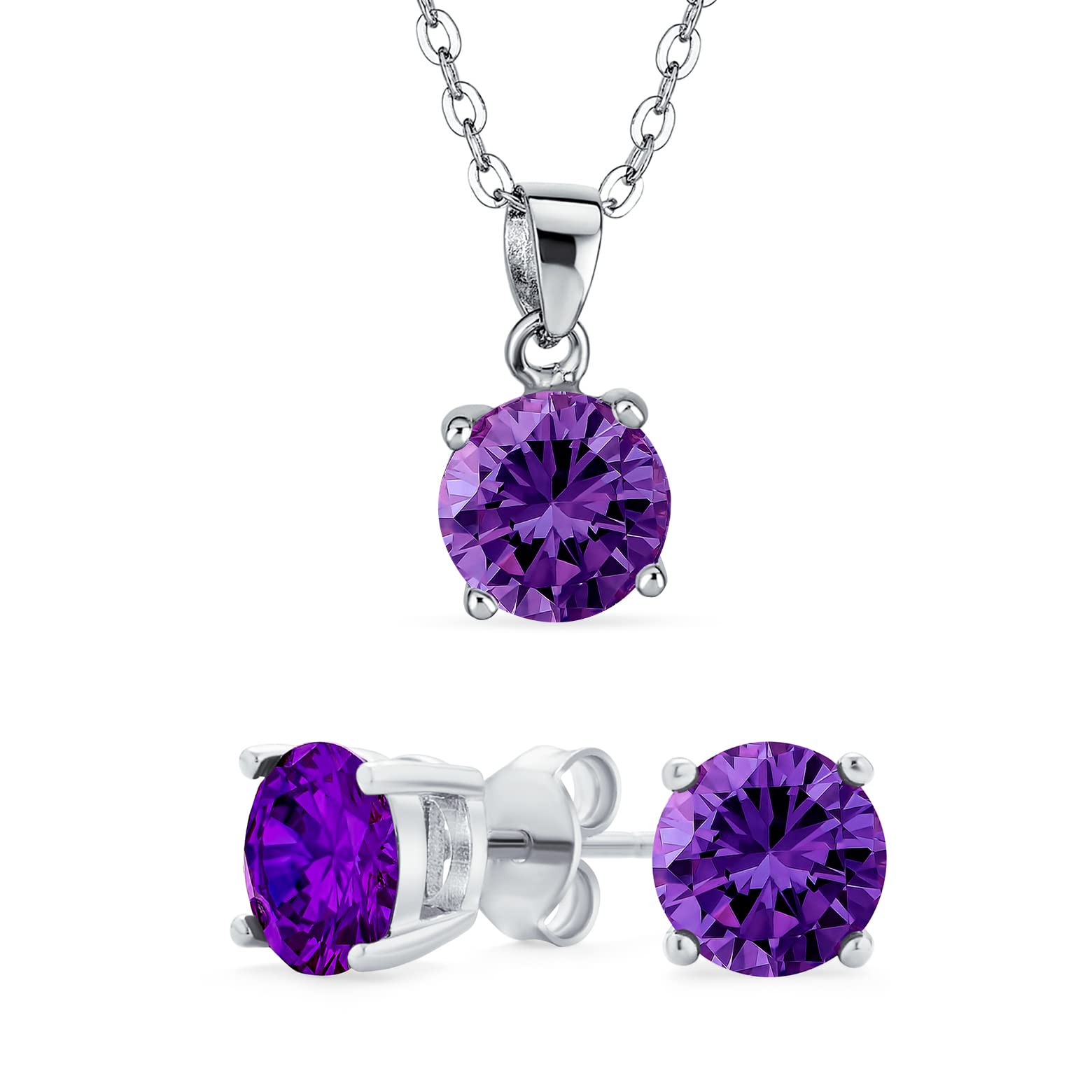 Bling Jewelry Simple Delicate Round AAA CZ Solitaire Brilliant Cut Purple Pendant Stud Earrings Set For Women Teens Simulated Amethyst .925 Sterling Silver