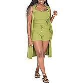 Aladeno Women 3 Piece Outfits Ribbed Sleeveless Kimono Cardigan Cover Up Tank Crop Tops Bodycon Shorts Tracksuit Lounge Sets