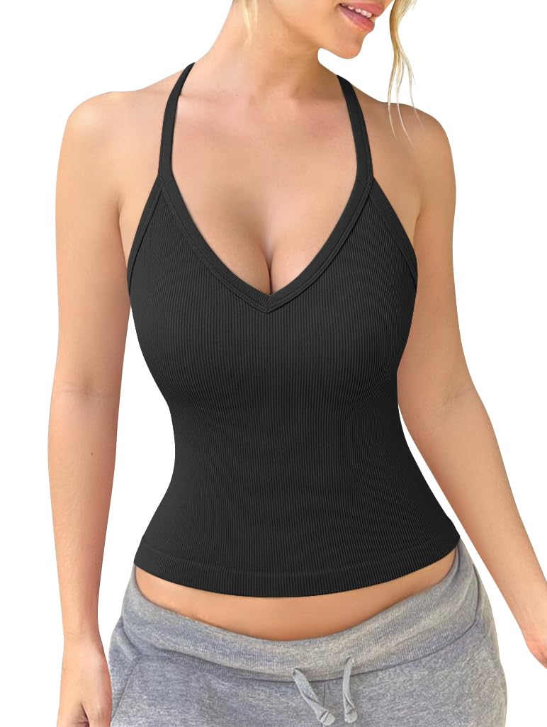 Photo 1 of OQQ Women Sleeveless Tops Fitting V Neck Stretch Clothes Basic Cami Shirts 2025 Trendy Black