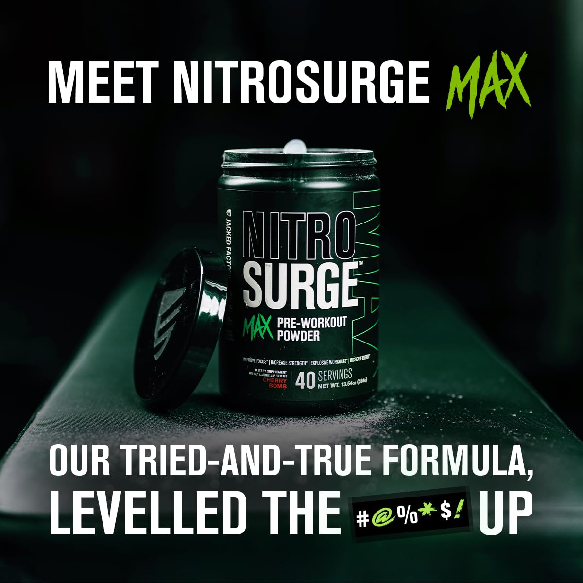 Jacked Factory Nitrosurge Max High Performance Pre Workout Powder - Pre Workout w/Nootropic Ingredients for Intense Focus, Pumps, Smooth Energy, Endurance - 40 Servings, Cherry Bomb