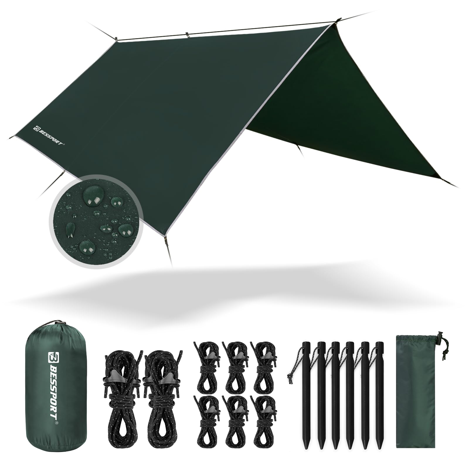 Bessport Tent Tarp, Camping Tent Tarp 3m x 3m/3m x 4m Waterproof PU3000 mm for hammock, tarp with eyelets & 6 aluminium stakes & 8 nylon ropes, anti-UV Suitable for camping, picnic, hammock
