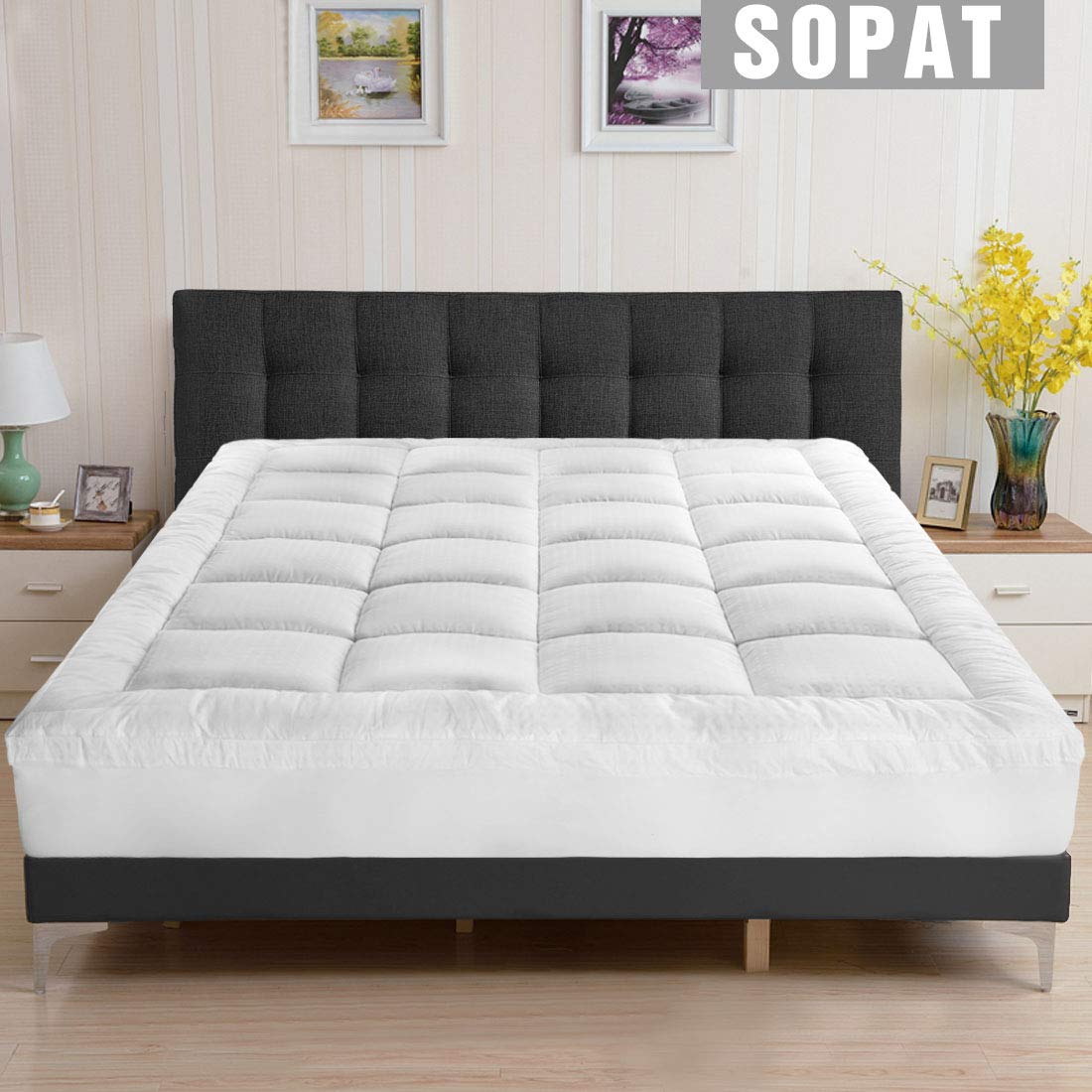 SOPAT Extra Thick Mattress Topper(Queen),Cooling Mattress Pad Cover,Pillow Top Construction(8-24Inch Deep Pocket),Double Border,Hypoallergenic Down Alternative Fill,Breathable 