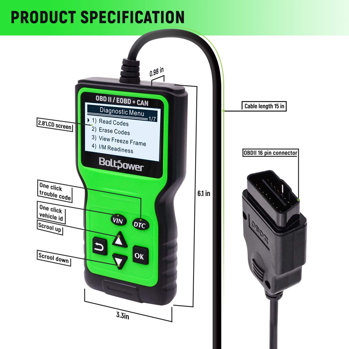 Bolt Power OBD2 Scanner Code Reader, Read and Erase Fault Codes, Automotive Car Emission Monitor, Check Engine Light CAN Diagnostic OBD II Scan Tool for Japanese, European, American Automobiles