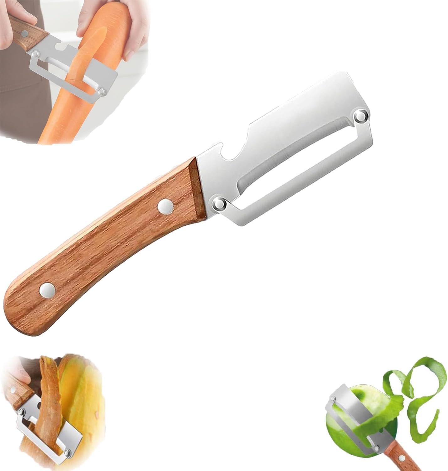 2-in-1 Multifunctional Vegetable Peeler with Wooden Handle & Stainless Steel Blade, Multifunctional Vegetable Peeler, Built-in Bottle Opener, Fruit & Vegetable Kitchen Peeling Tool (1Pcs)