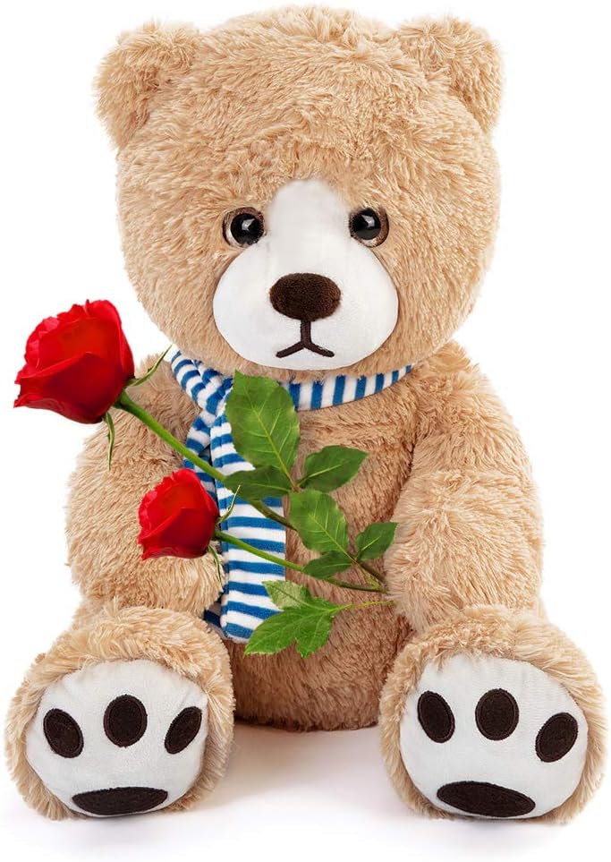 Tezituor 24 Inch Teddy Bear Stuffed Animal Big Teddy Bear with Blue Plush Scarf for Girlfriend Kids, Tan: Toys & Games