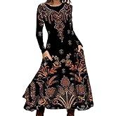 Akivide Women's Boho Floral Print Fall Long Sleeve Dress Casual Loose Formal Crewneck Midi Dress for Women with Pockets