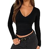 ForeFair Womens Casual V Neck Long Sleeve Shirts Going Out Double Lined Crop Tops Slim Fitted Basic Tee