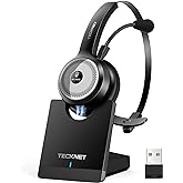 TECKNET Wireless Headset for Work, 40Hrs Worktime AI Noise Cancelling Computer Headphones with Charging Base, Bluetooth Headset with Mic & USB Dongle for PC/Laptop/Call Center
